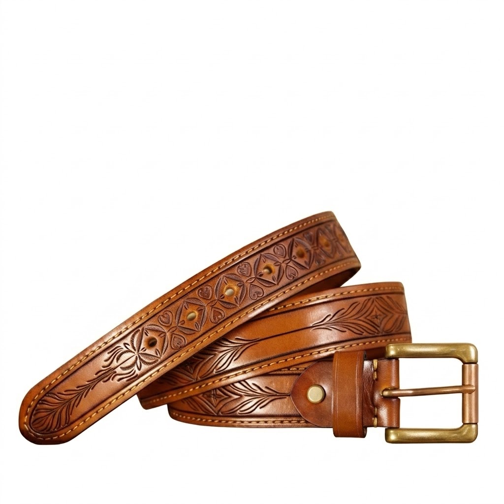 Handmade Natural Vegetable Tanned Leather Floral Western Belt - Image 2