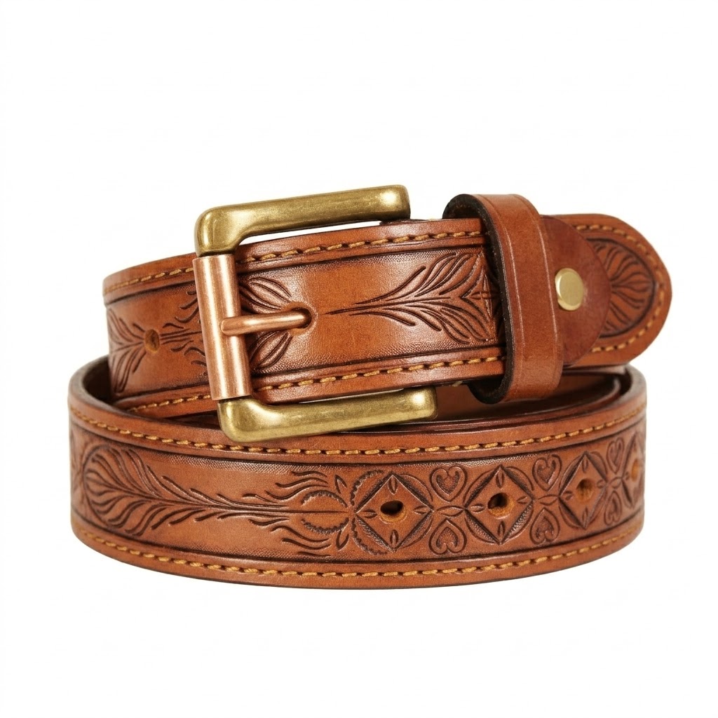 Handmade Natural Vegetable Tanned Leather Floral Western Belt - Image 3