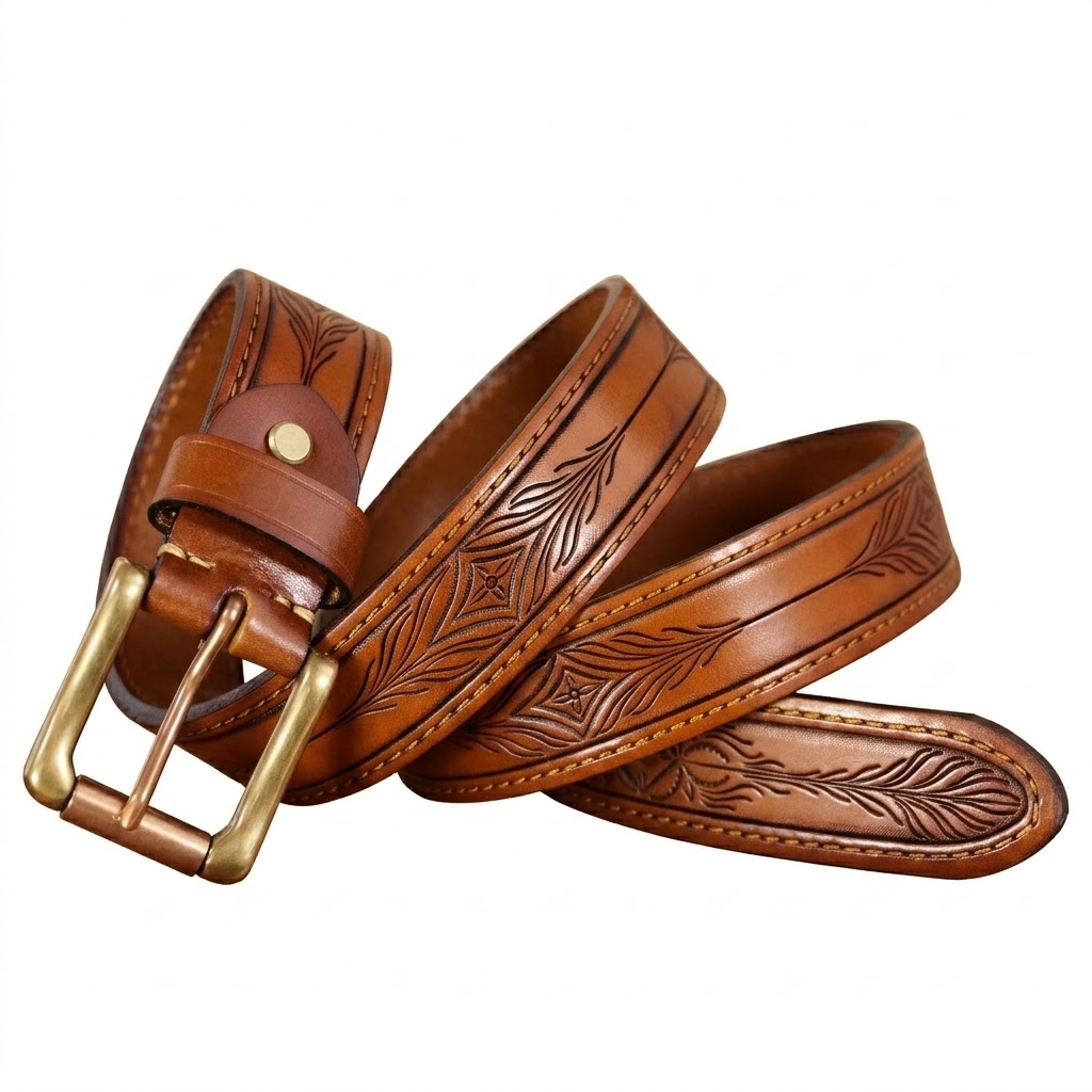 Handmade Natural Vegetable Tanned Leather Floral Western Belt - Image 4