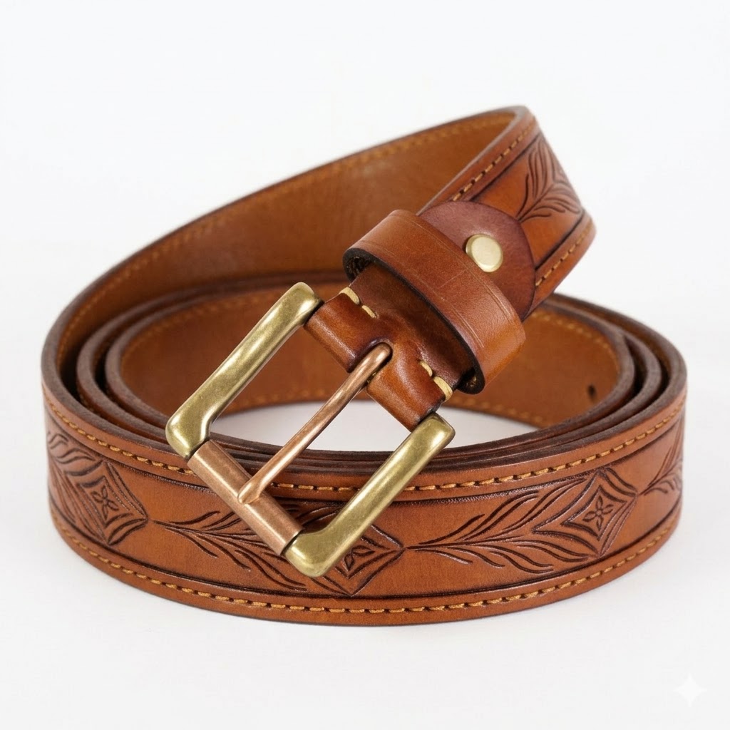 Handmade Natural Vegetable Tanned Leather Floral Western Belt - Image 5
