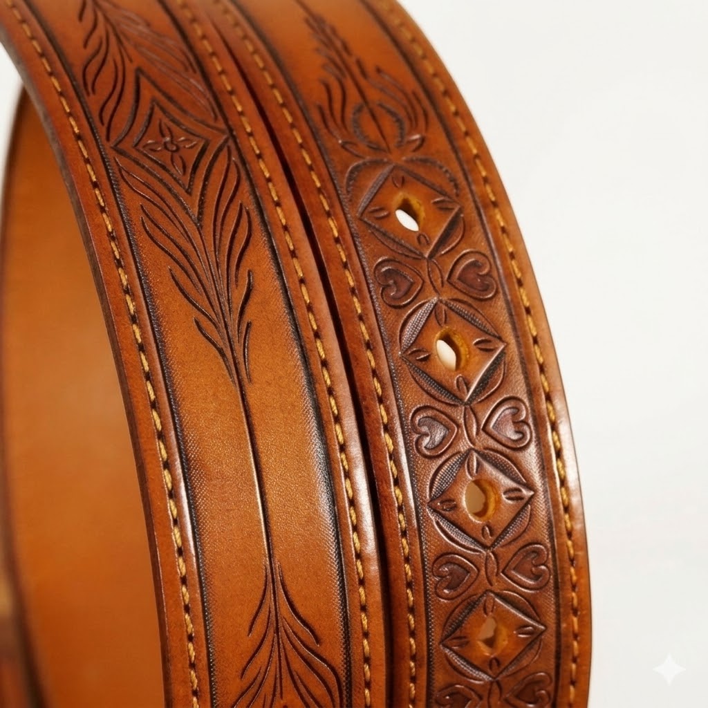 Handmade Natural Vegetable Tanned Leather Floral Western Belt - Image 6