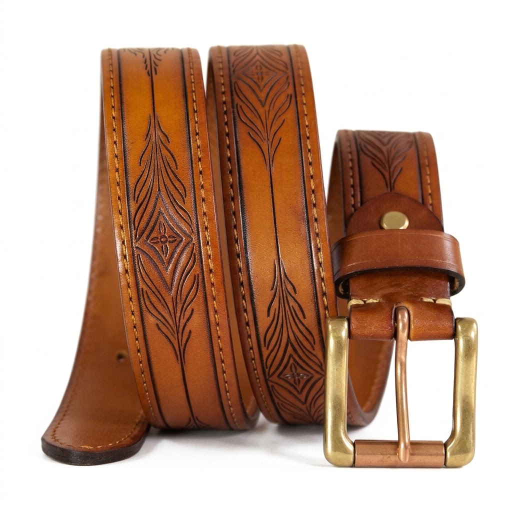 Handmade Natural Vegetable Tanned Leather Floral Western Belt
